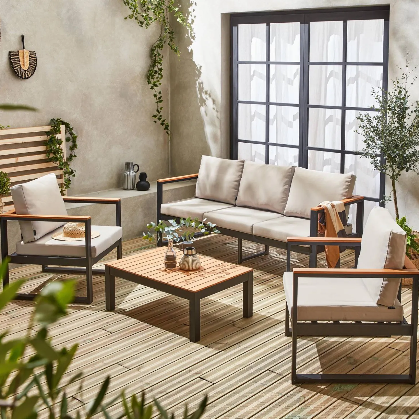 Conjunto de jardín en madera y aluminio, 5 plazas