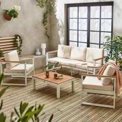 Conjunto de jardín en madera y aluminio, 5 plazas