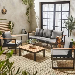 Conjunto de jardín en madera y aluminio, 5 plazas