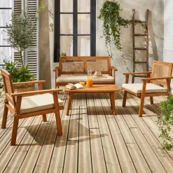 Conjunto de jardín en madera y caña cuadrada, 4 plazas