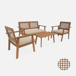 Conjunto de jardín en madera y caña cuadrada, 4 plazas