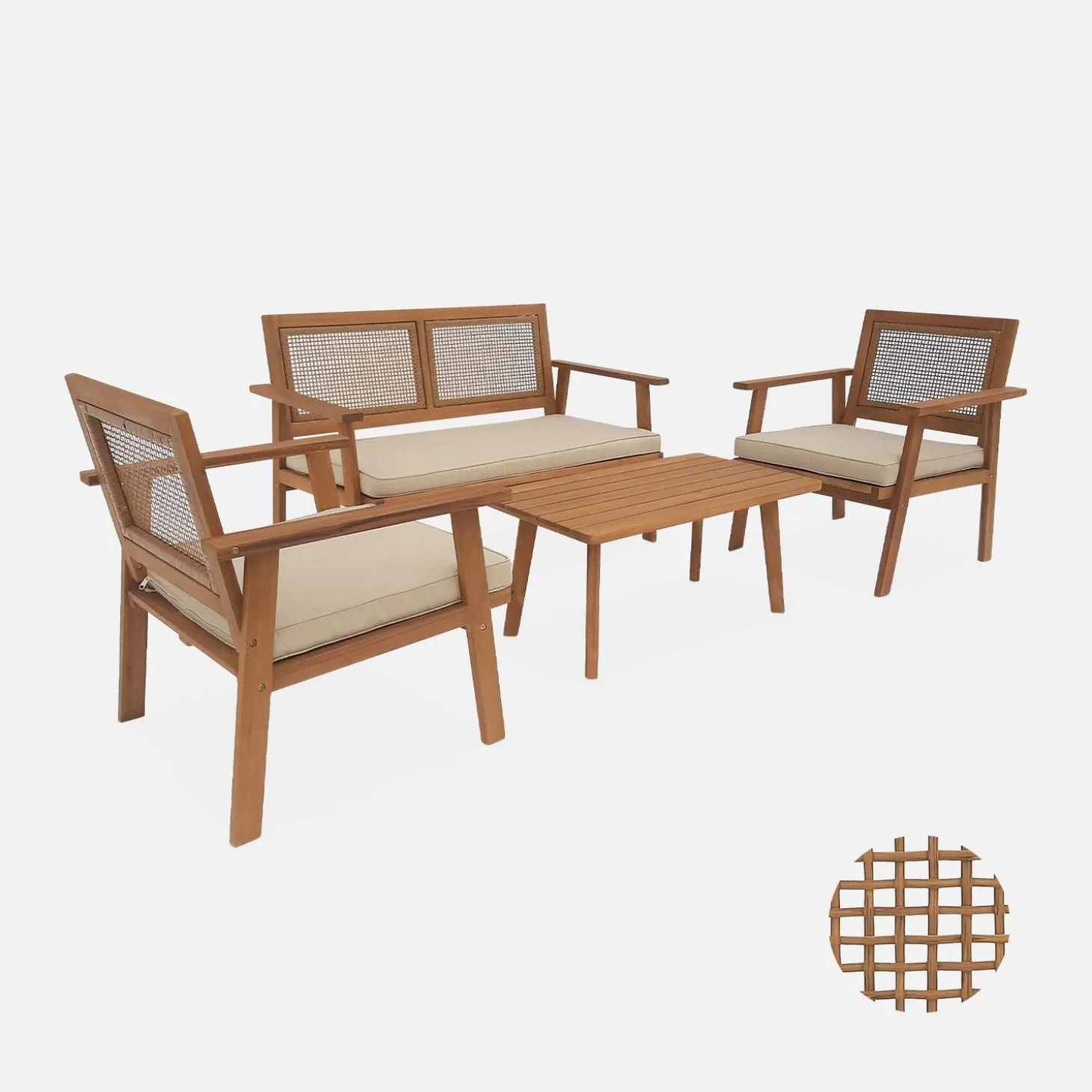 Conjunto de jardín en madera y caña cuadrada, 4 plazas