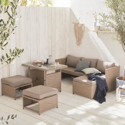 Conjunto de jardín en resina trenzada con mesa, 6 plazas