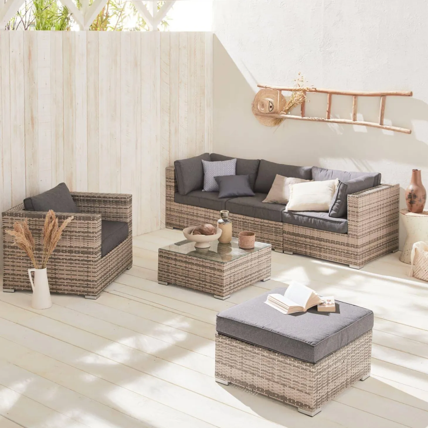 Conjunto de jardín en resina trenzada, 5 plazas