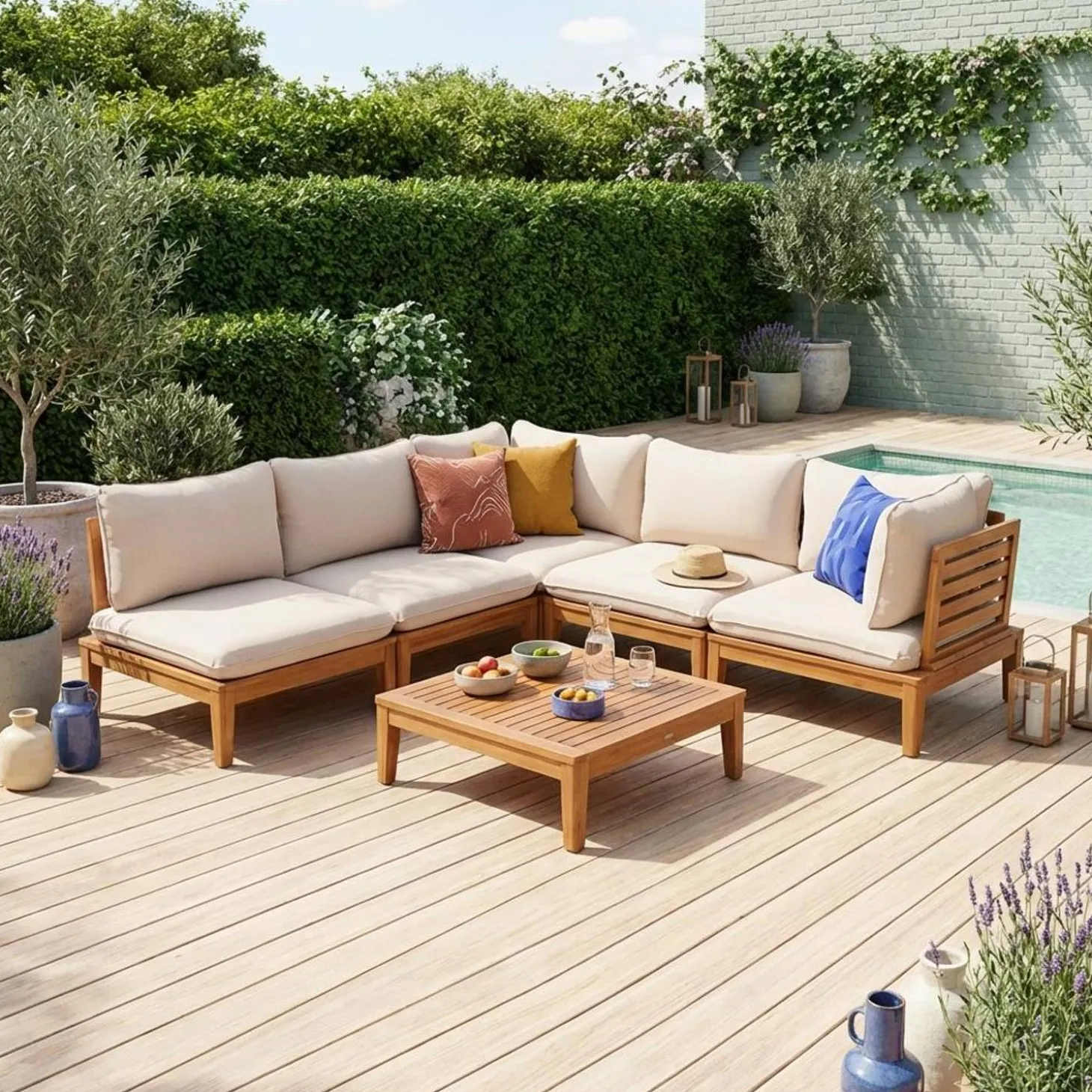 Conjunto de jardín modular de madera de acacia, 5 plazas
