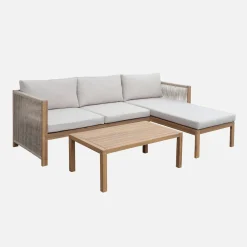Conjunto de jardín para ángulo en madera de acacia y cuerda, 4 plazas