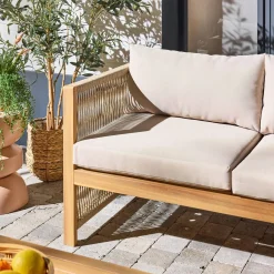 Conjunto de jardín para ángulo en madera de acacia y cuerda, 4 plazas