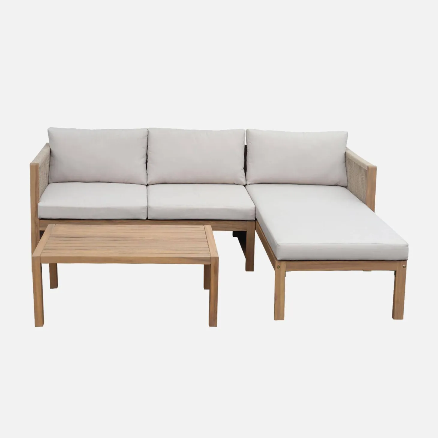 Conjunto de jardín para ángulo en madera de acacia y cuerda, 4 plazas
