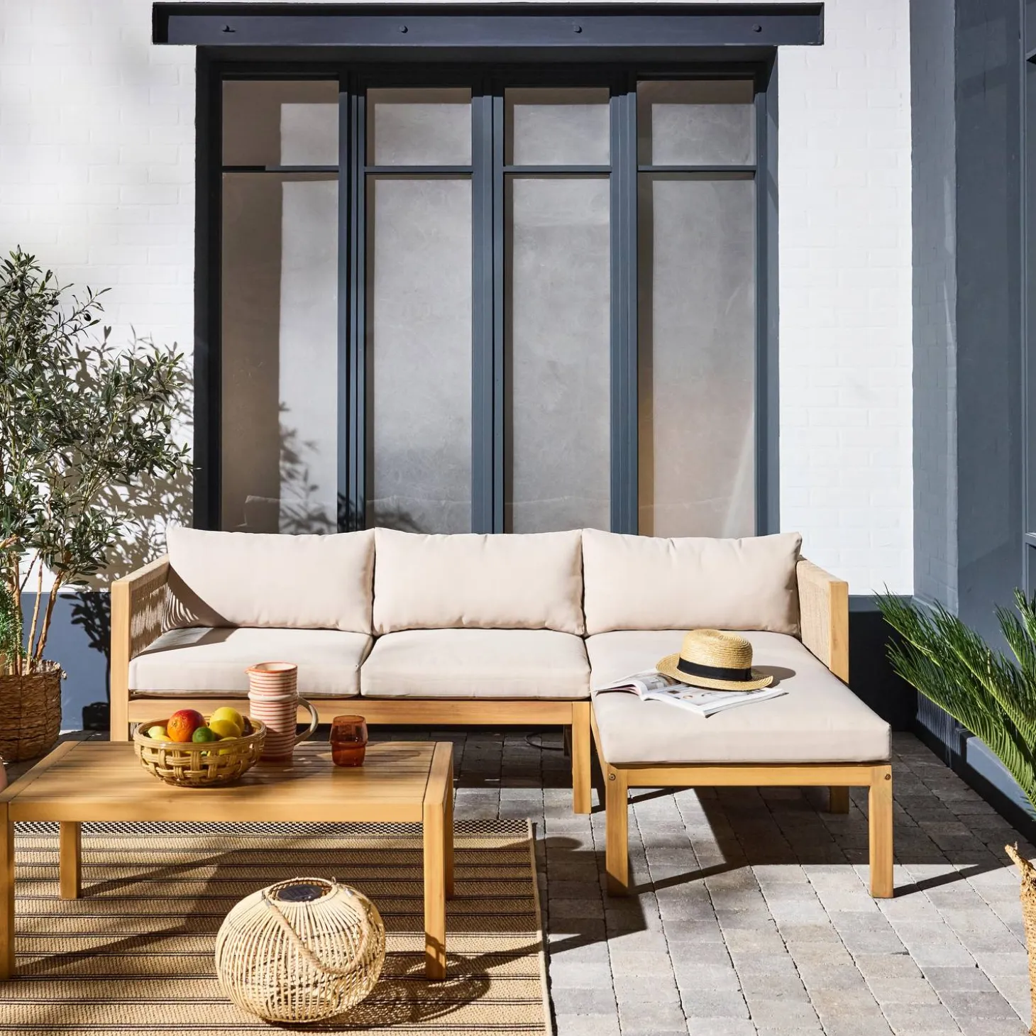 Conjunto de jardín para ángulo en madera de acacia y cuerda, 4 plazas