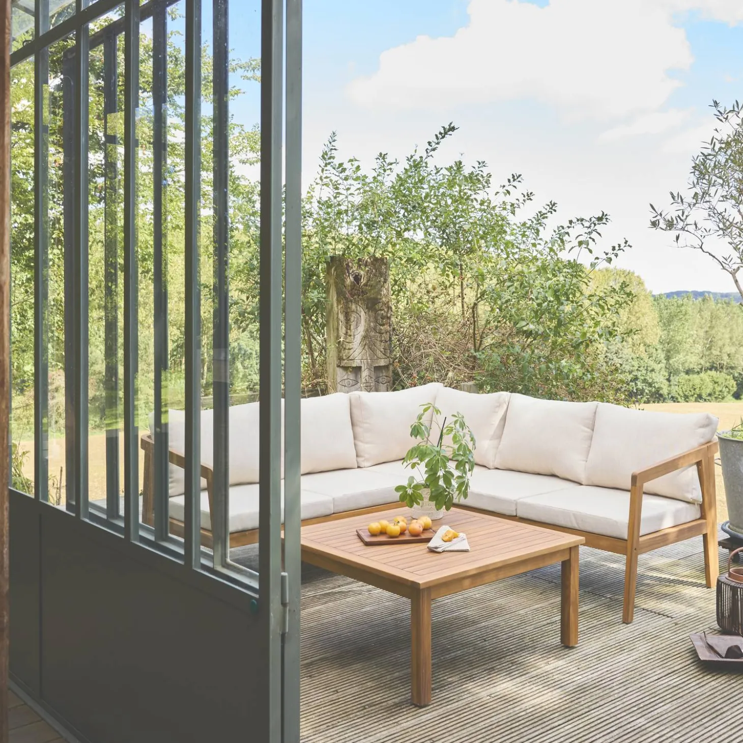 Conjunto de jardín para rincón en acacia, 5 plazas