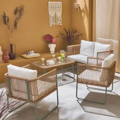 Conjunto de jardín, ratán y acero, 4 plazas