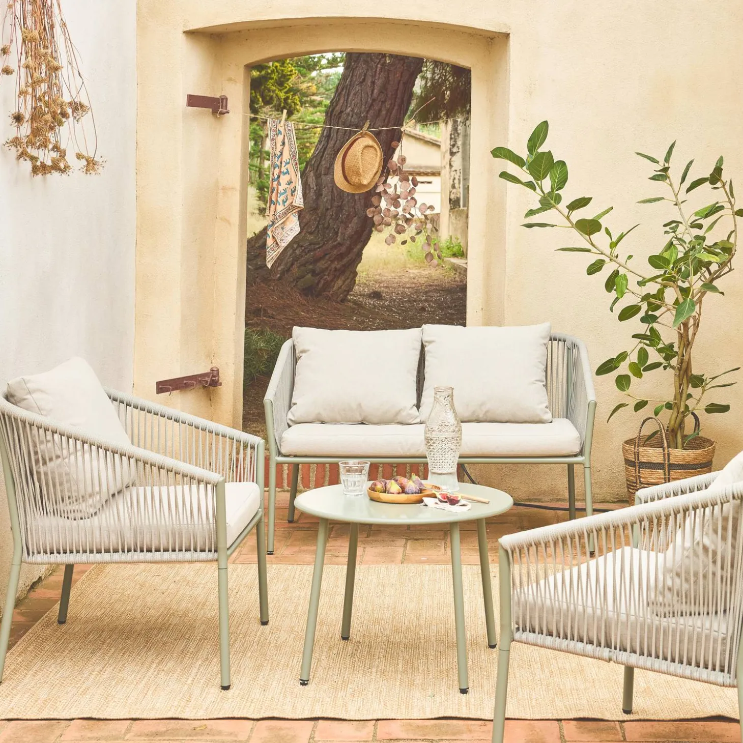 Conjunto de muebles de jardín de acero y cuerdas de resina, 4 plazas