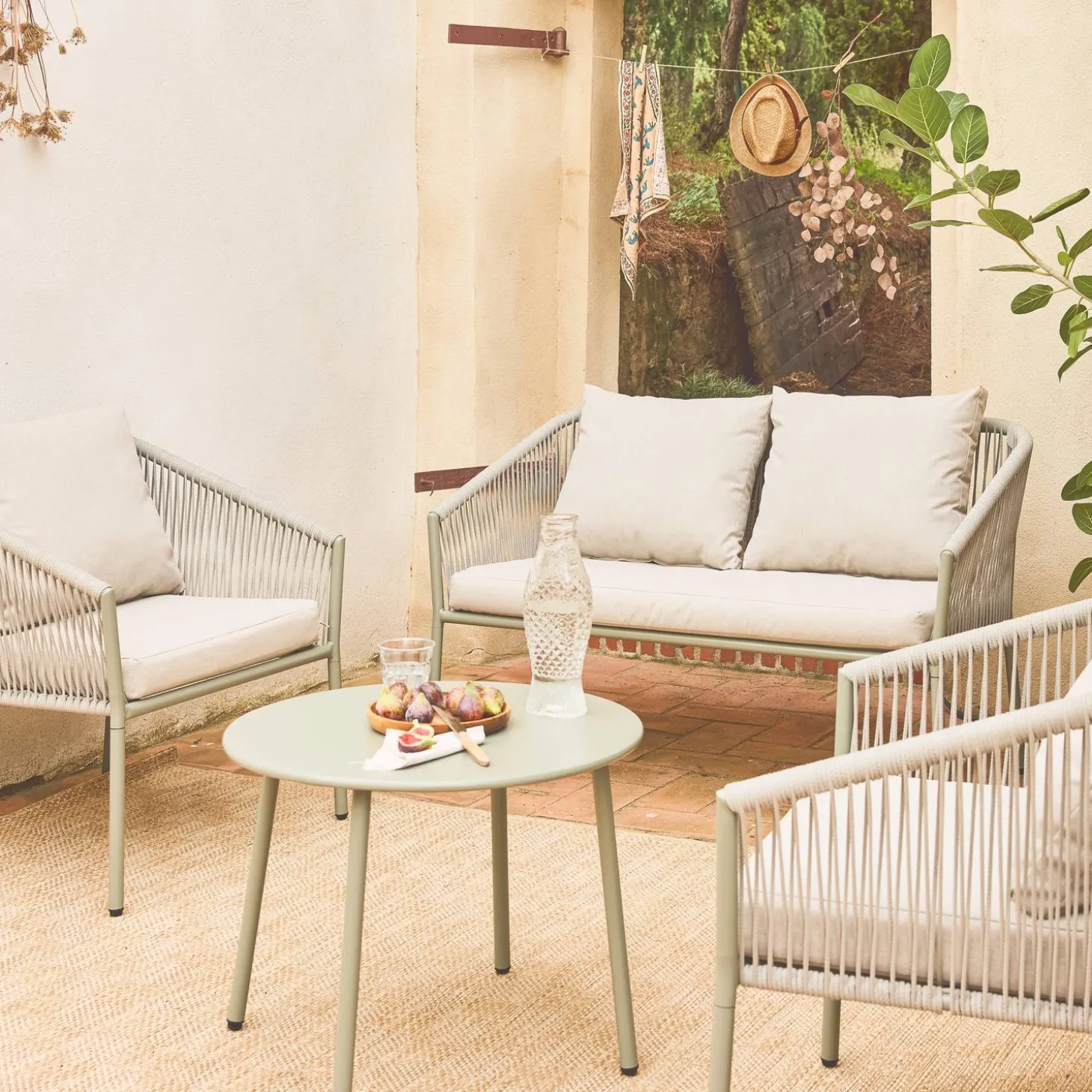 Conjunto de muebles de jardín de acero y cuerdas de resina, 4 plazas