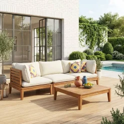Conjunto de muebles de jardín modular de madera de acacia y borreguito, 3 plazas