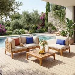 Conjunto de muebles de jardín modular de madera de acacia con reposabrazos, 3 plazas