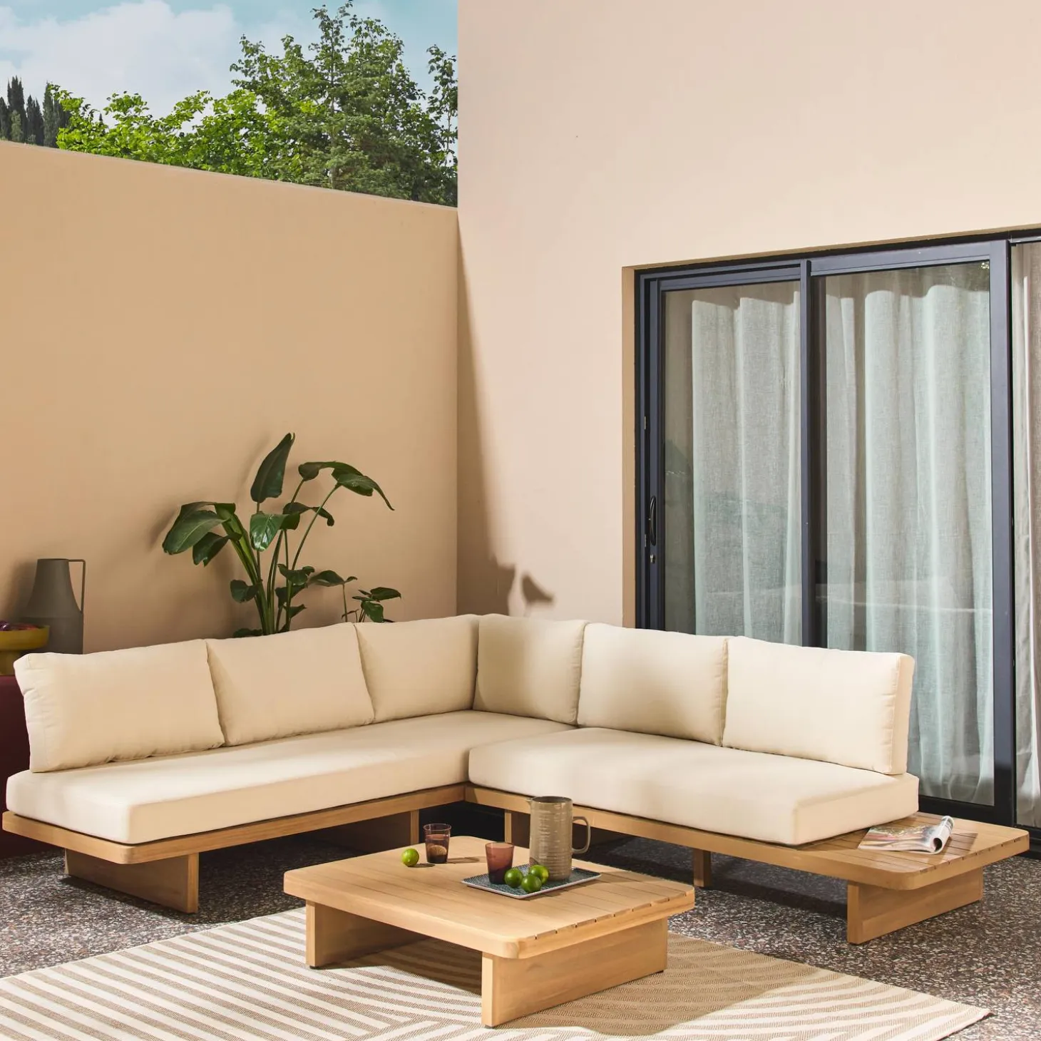 Conjunto de muebles de jardín esquinero de madera de acacia, 5 plazas