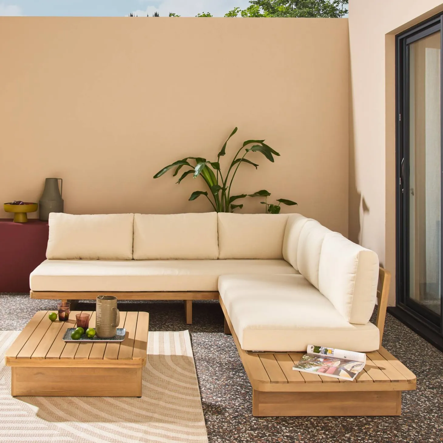 Conjunto de muebles de jardín esquinero de madera de acacia, 5 plazas