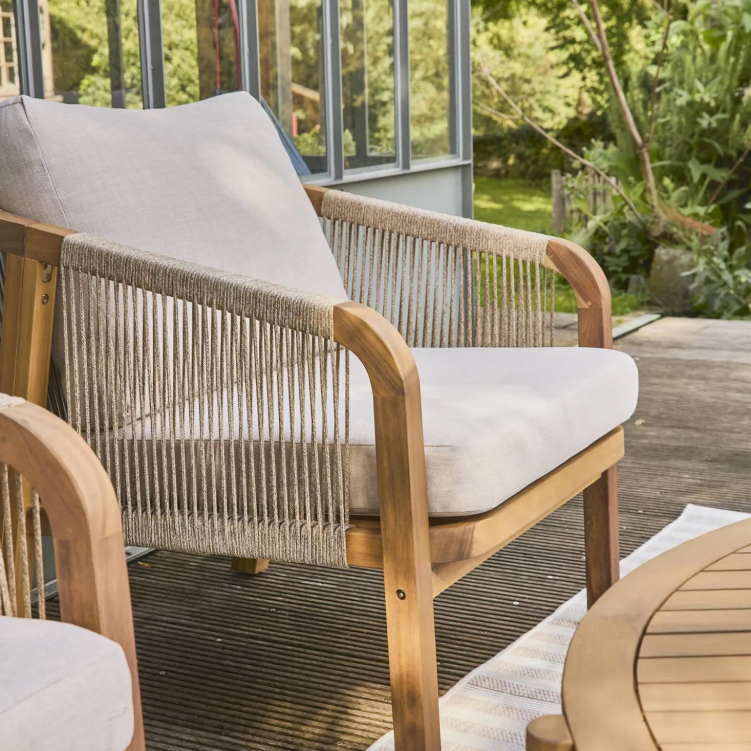 Conjunto de muebles de jardín de madera de acacia y cuerda, 7 plazas