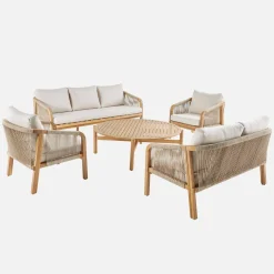 Conjunto de muebles de jardín de madera de acacia y cuerda, 7 plazas