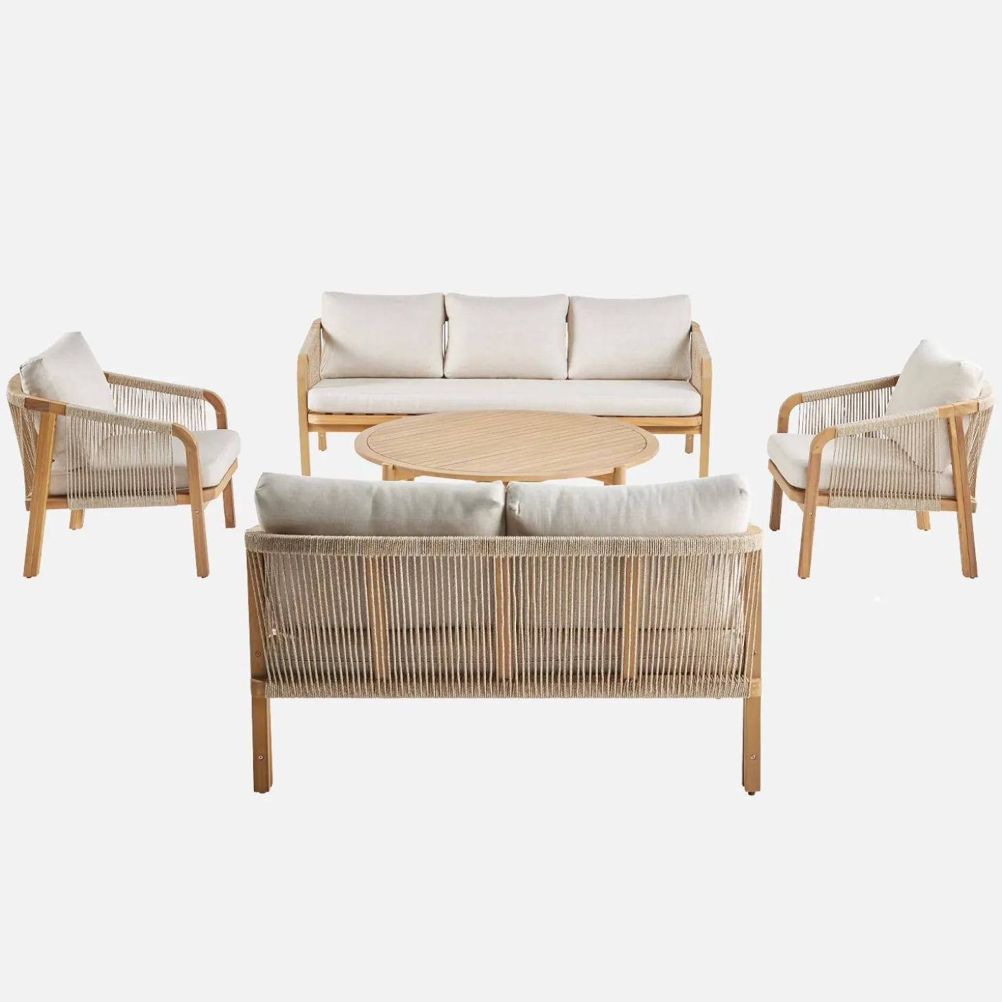 Conjunto de muebles de jardín de madera de acacia y cuerda, 7 plazas