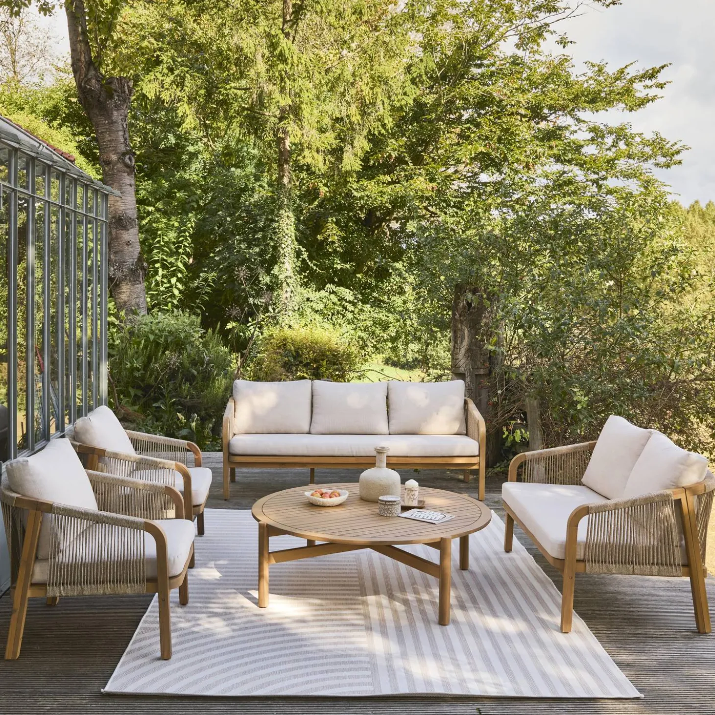 Conjunto de muebles de jardín de madera de acacia y cuerda, 7 plazas