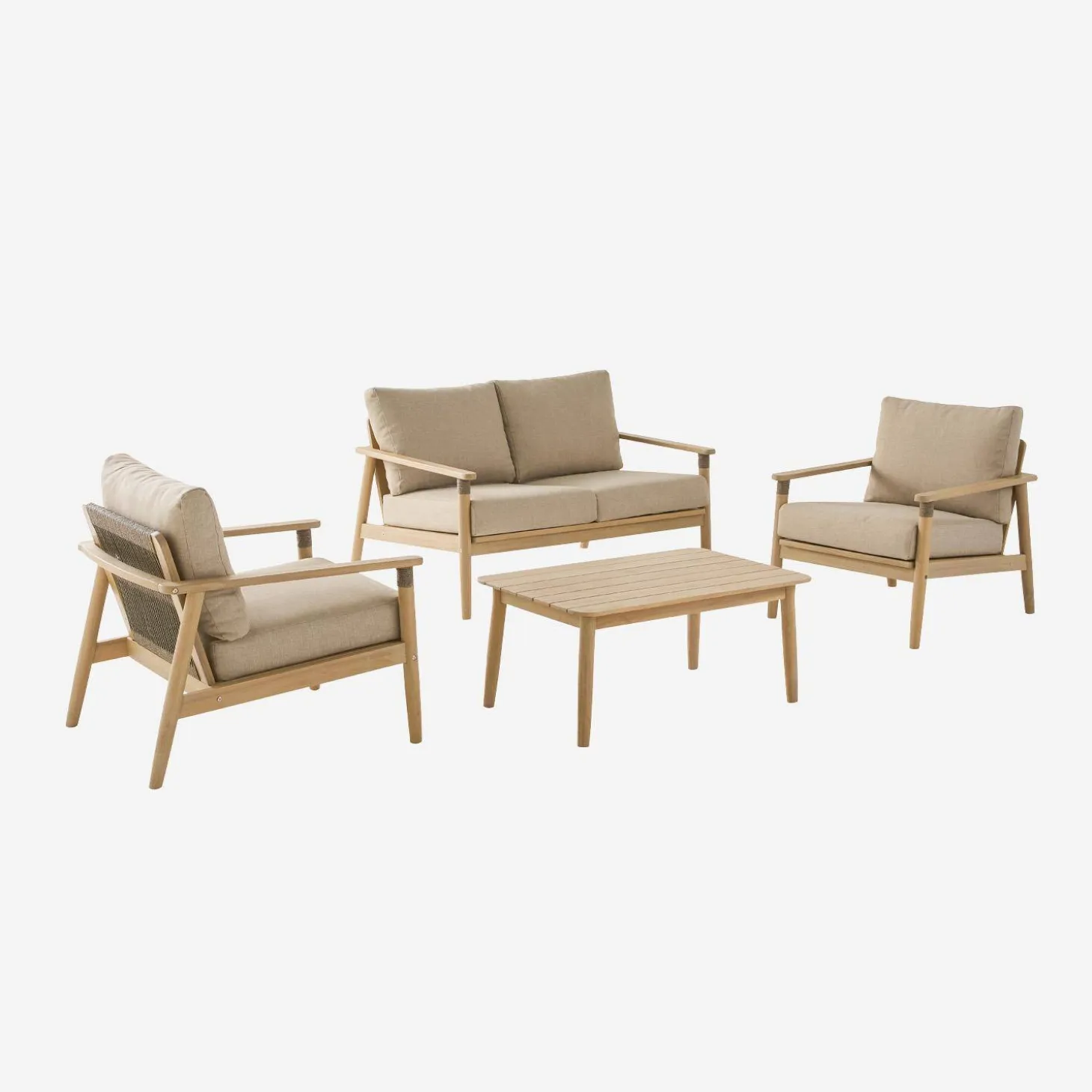 Conjunto de muebles de jardín de madera de acacia y cuerdas, 4 plazas