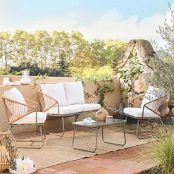 Conjunto de muebles de jardín en metal y resina natural, 4 plazas