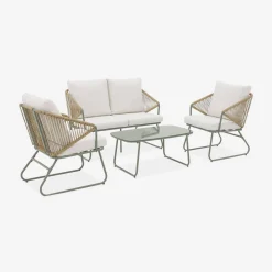 Conjunto de muebles de jardín en metal y resina natural, 4 plazas