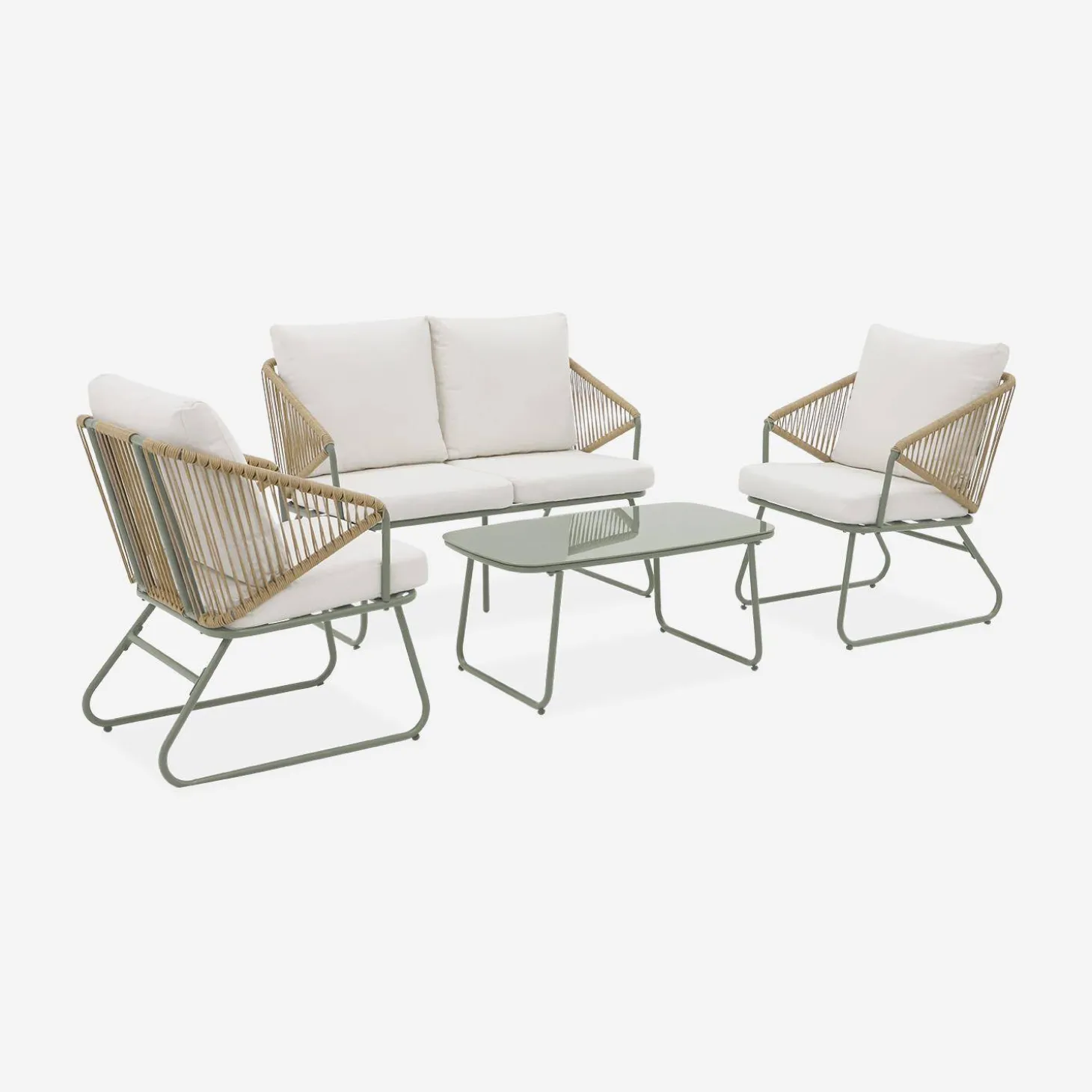 Conjunto de muebles de jardín en metal y resina natural, 4 plazas