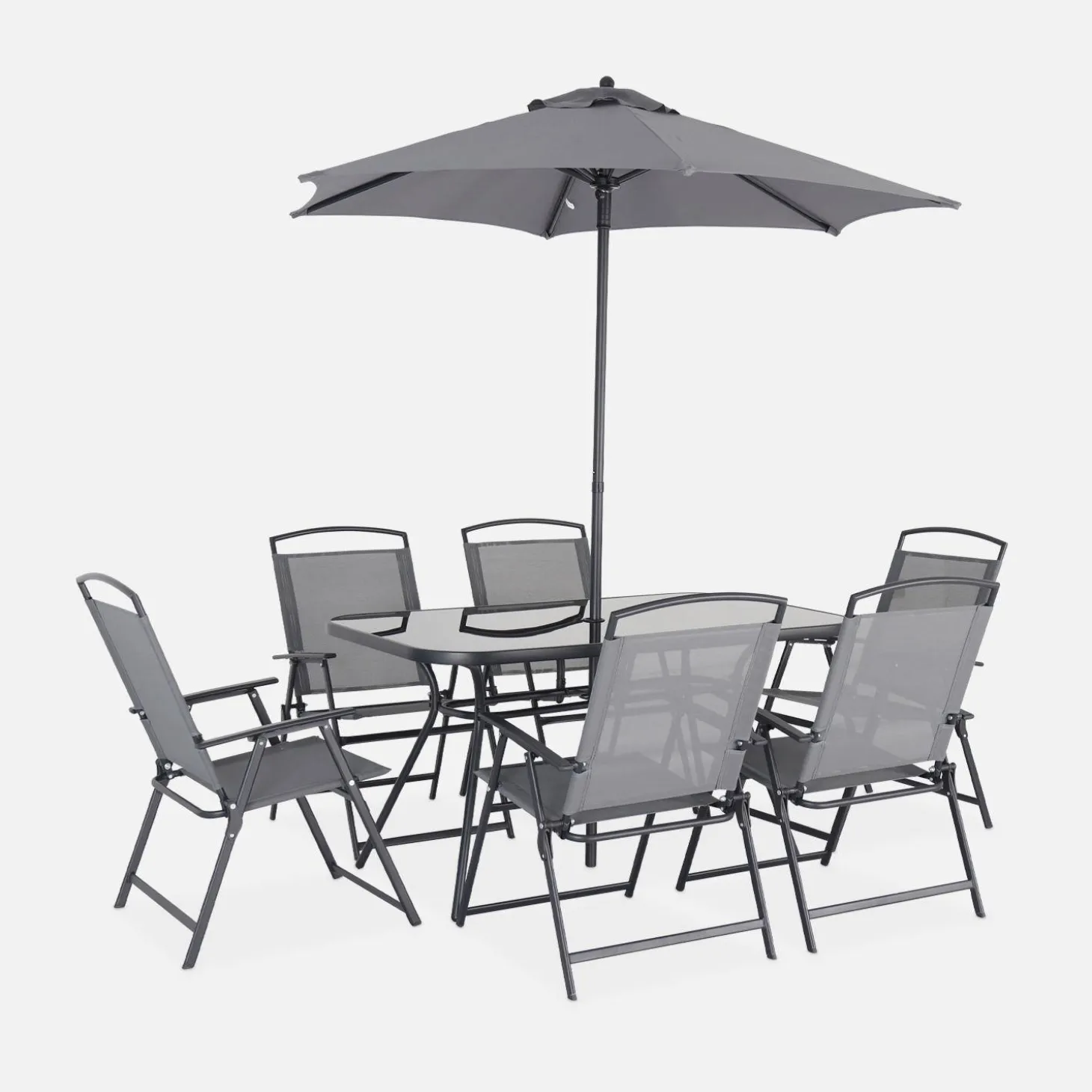 Conjunto mesa de jardín de acero con 6 sillas y 1 sombrilla