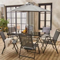 Conjunto mesa de jardín de acero con 6 sillas y 1 sombrilla