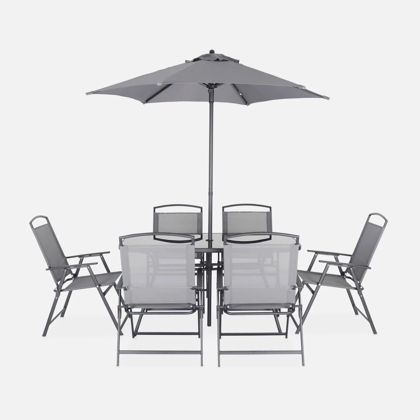 Conjunto mesa de jardín de acero con 6 sillas y 1 sombrilla