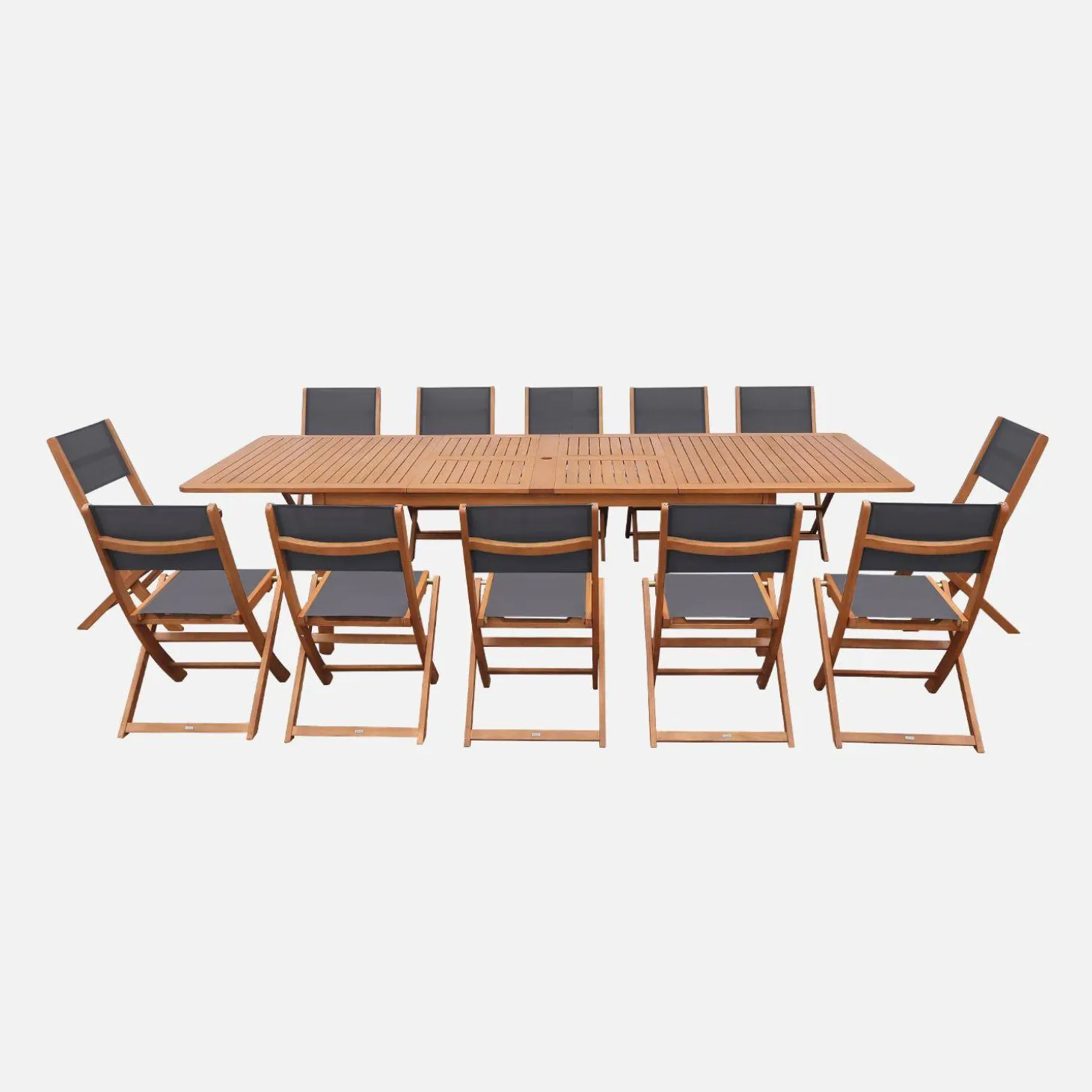 Conjunto mesa de jardín extensible de madera de eucalipto con 12 sillas