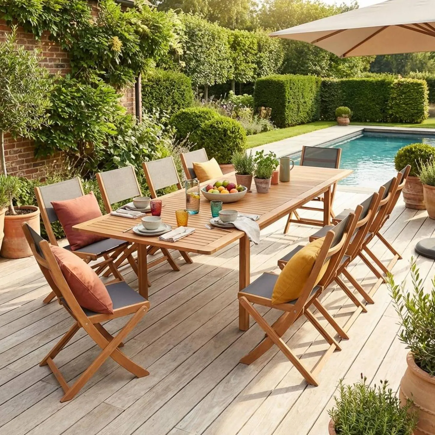 Conjunto mesa de jardín extensible de madera de eucalipto con 12 sillas