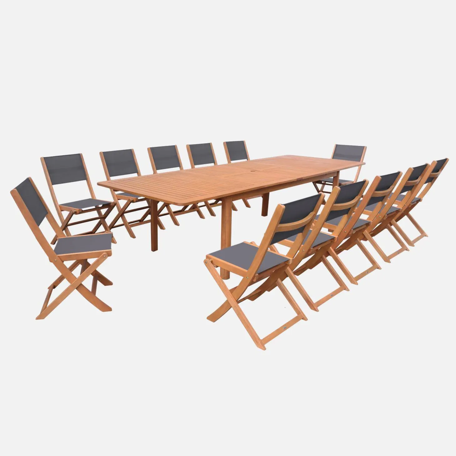 Conjunto mesa de jardín extensible de madera de eucalipto con 12 sillas