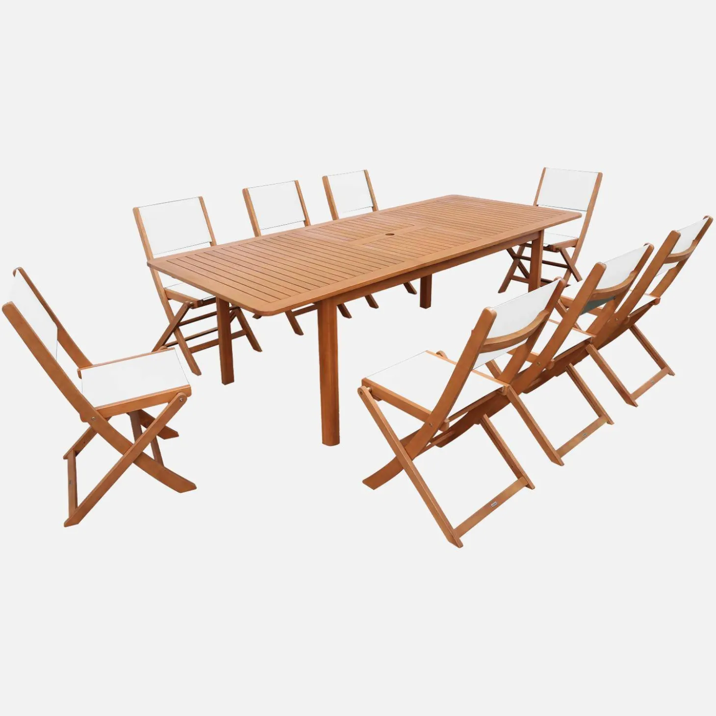 Conjunto mesa de jardín extensible de madera de eucalipto con 8 sillas