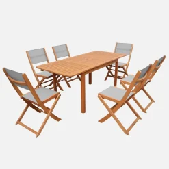 Conjunto mesa de jardín extensible de madera de eucalipto con 6 sillas