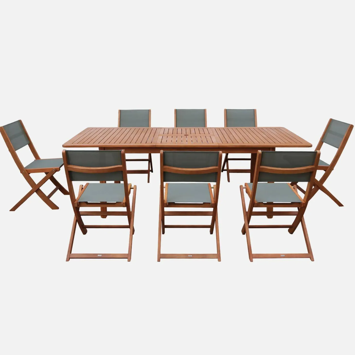 Conjunto mesa de jardín extensible de madera de eucalipto con 8 sillas