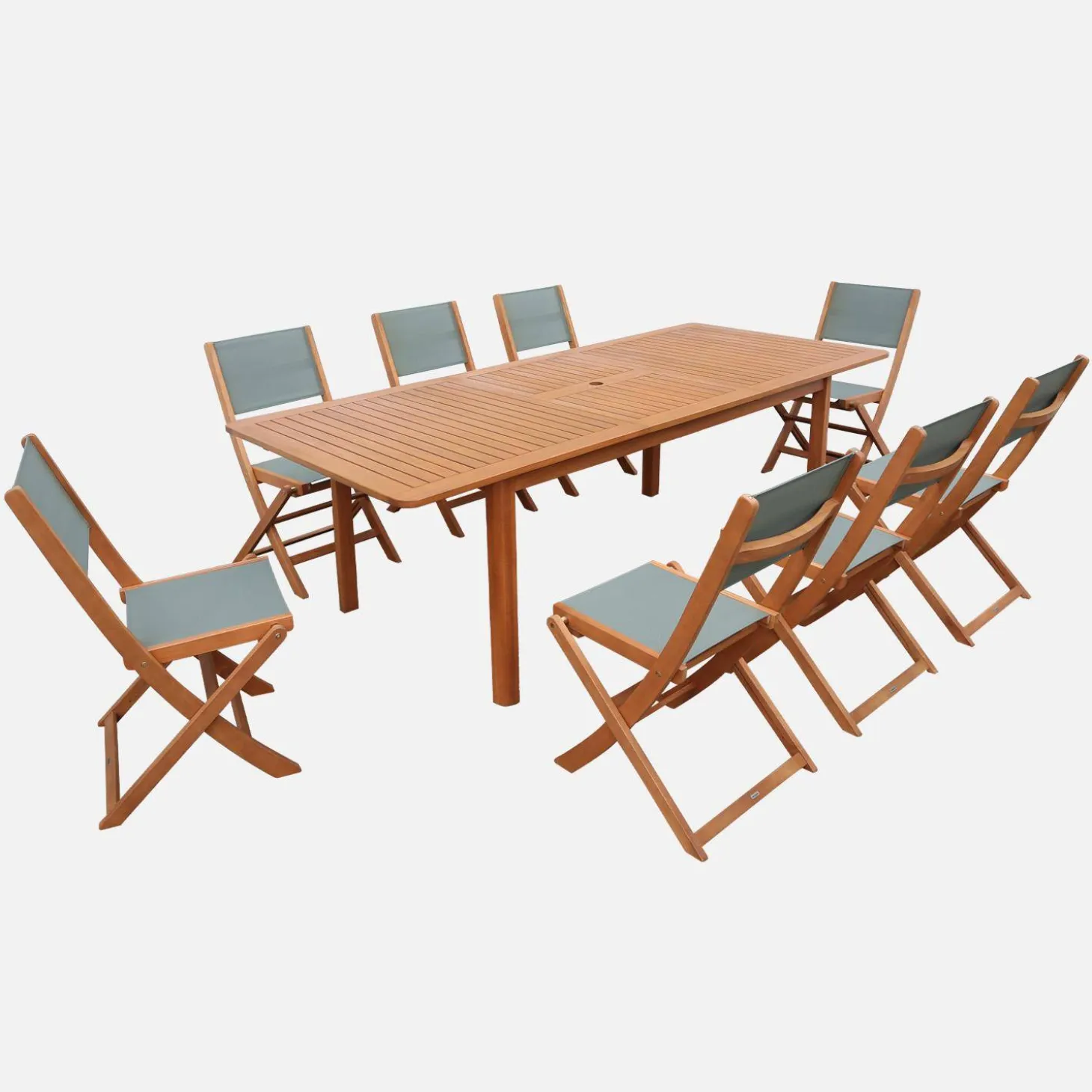 Conjunto mesa de jardín extensible de madera de eucalipto con 8 sillas