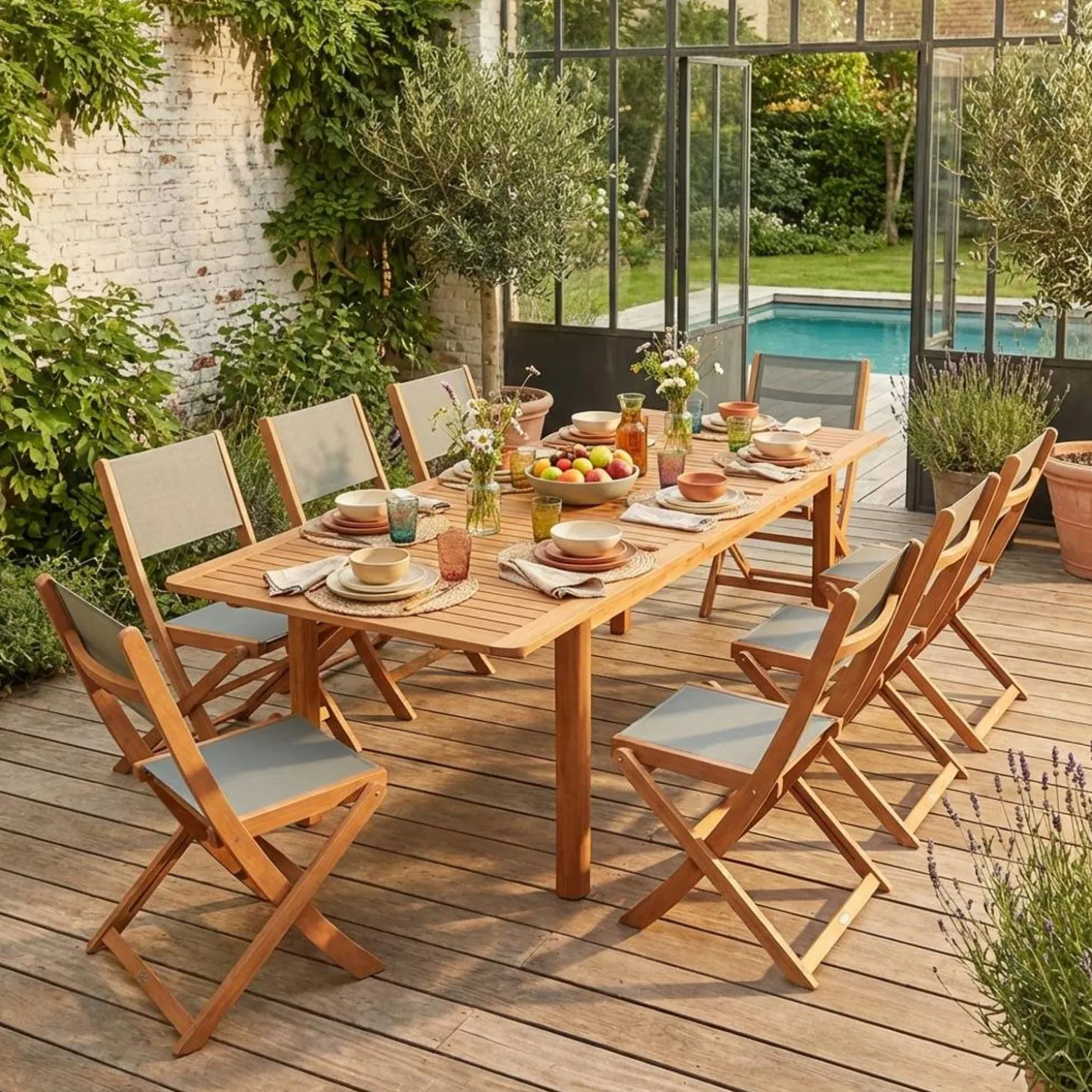 Conjunto mesa de jardín extensible de madera de eucalipto con 8 sillas
