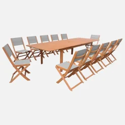 Conjunto mesa de jardín extensible de madera de eucalipto con 12 sillas
