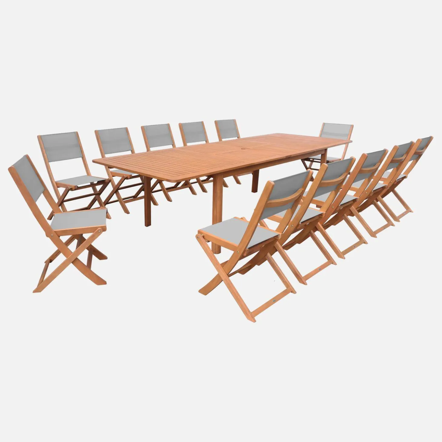 Conjunto mesa de jardín extensible de madera de eucalipto con 12 sillas