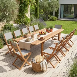 Conjunto mesa de jardín extensible de madera de eucalipto con 12 sillas