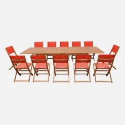 Conjunto mesa de jardín extensible de madera de eucalipto con 12 sillas