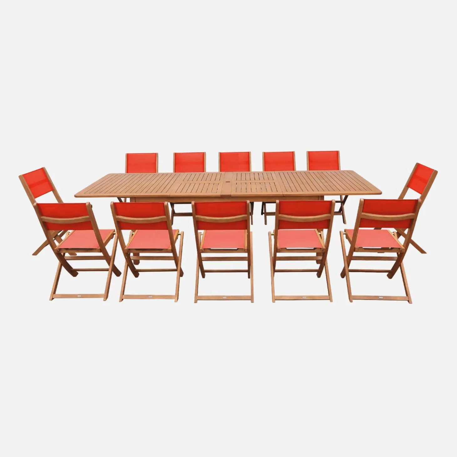 Conjunto mesa de jardín extensible de madera de eucalipto con 12 sillas