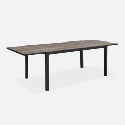 Conjunto mesa de jardín extensible de aluminio efecto madera con 8 sillas