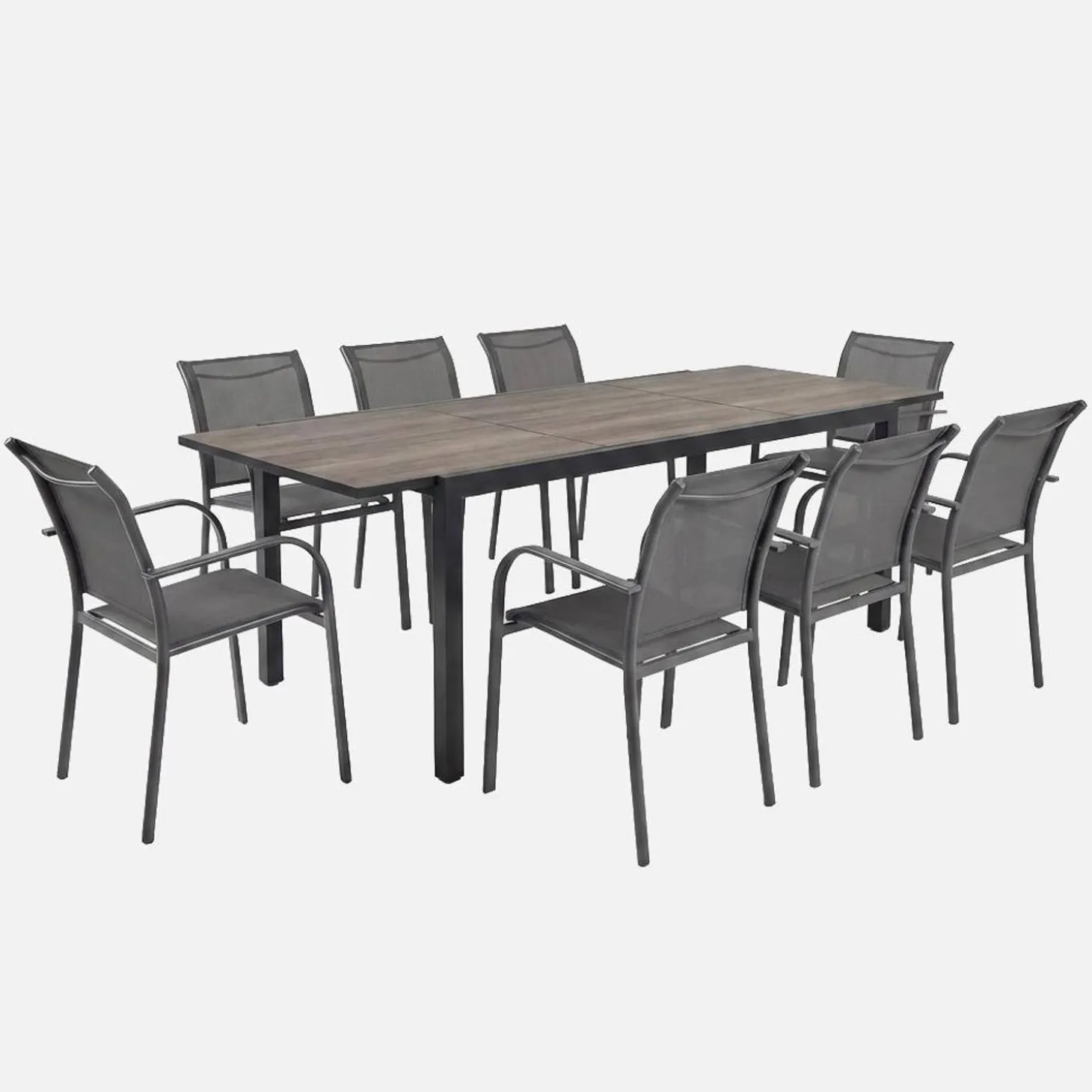 Conjunto mesa de jardín extensible de aluminio efecto madera con 8 sillas