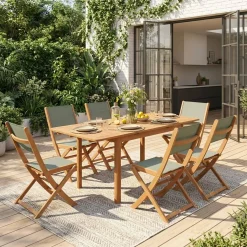Conjunto mesa de jardín extensible de madera de eucalipto con 6 sillas