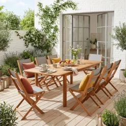 Conjunto mesa de jardín extensible de madera de eucalipto con 8 sillas