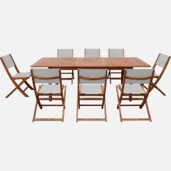 Conjunto mesa de jardín extensible de madera de eucalipto con 8 sillas